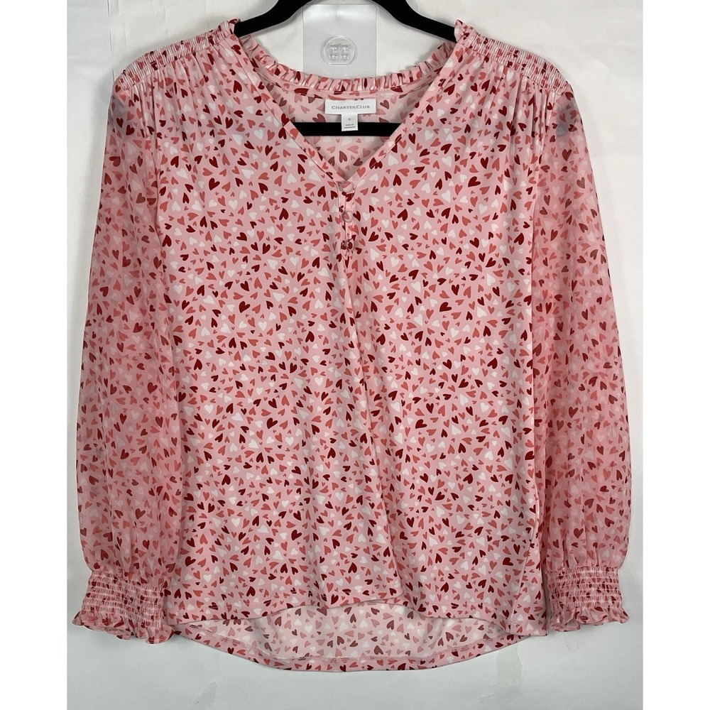 Charter Club V-neck Long Sleeve Heart Pattern Blouse Size‎ S Valentine Love